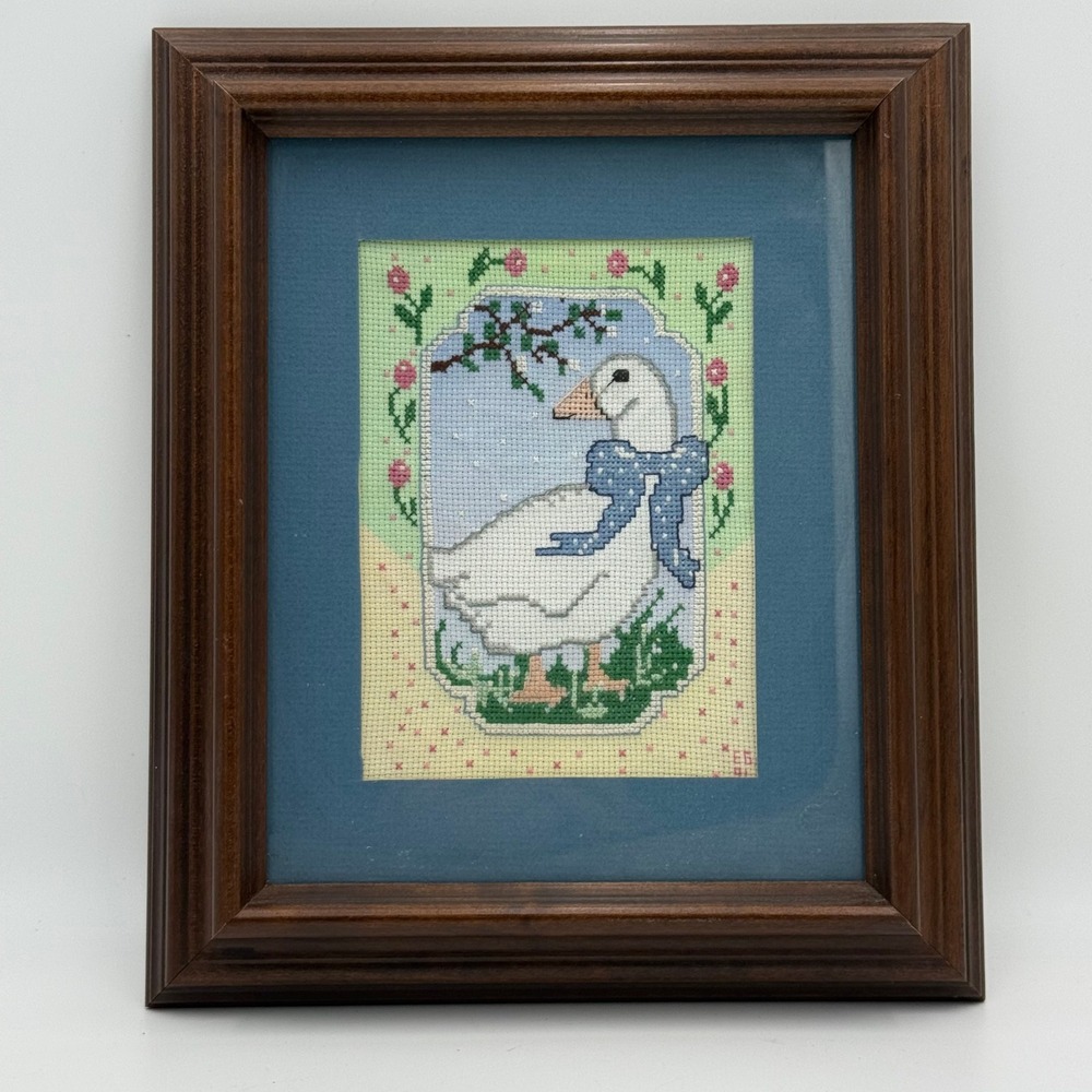 Vintage Framed Goose Cross Stitch Wall Art Cottagecore Blue Bow Wood Frame 9x11